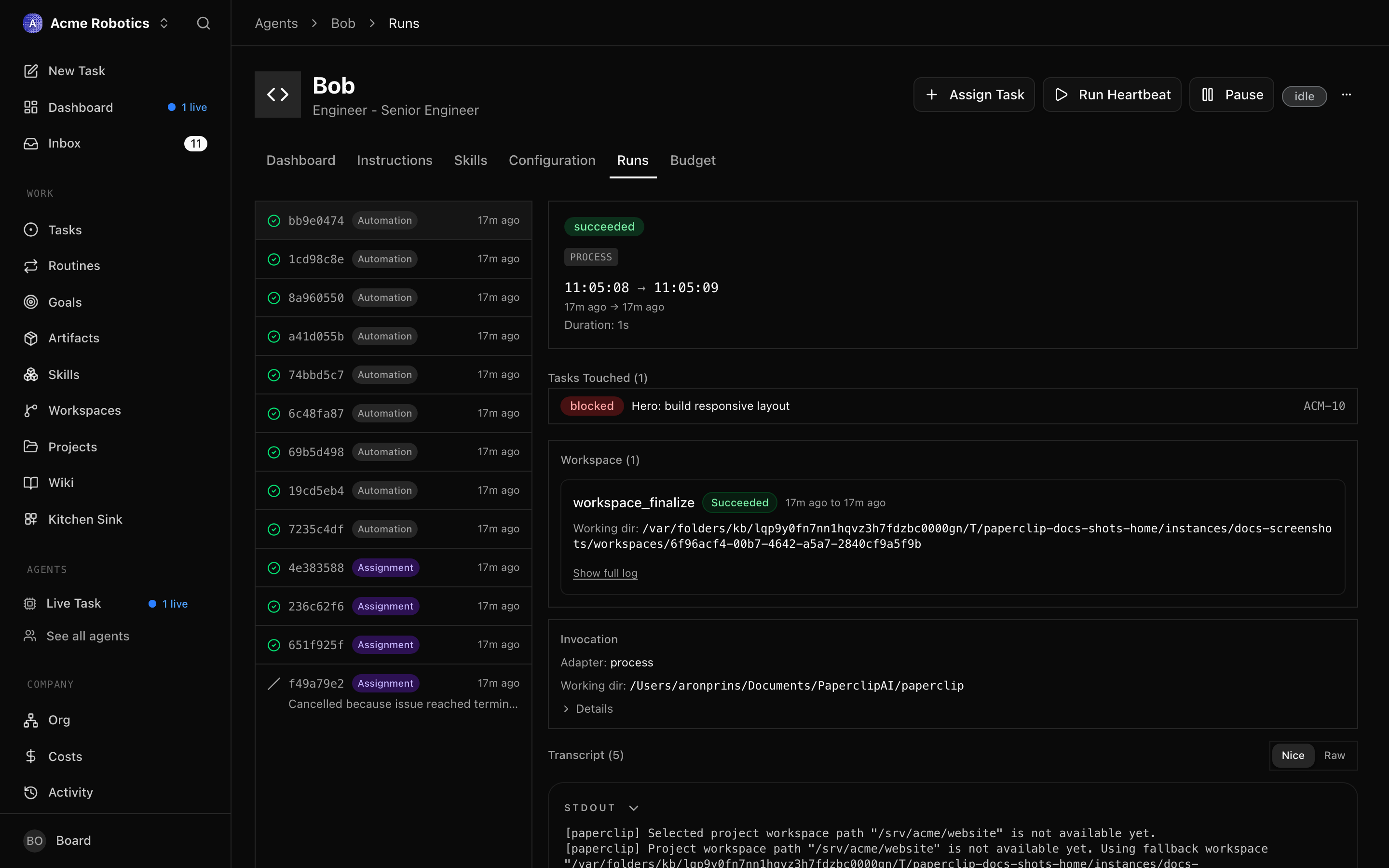 The agent detail page showing run history with heartbeat transcripts