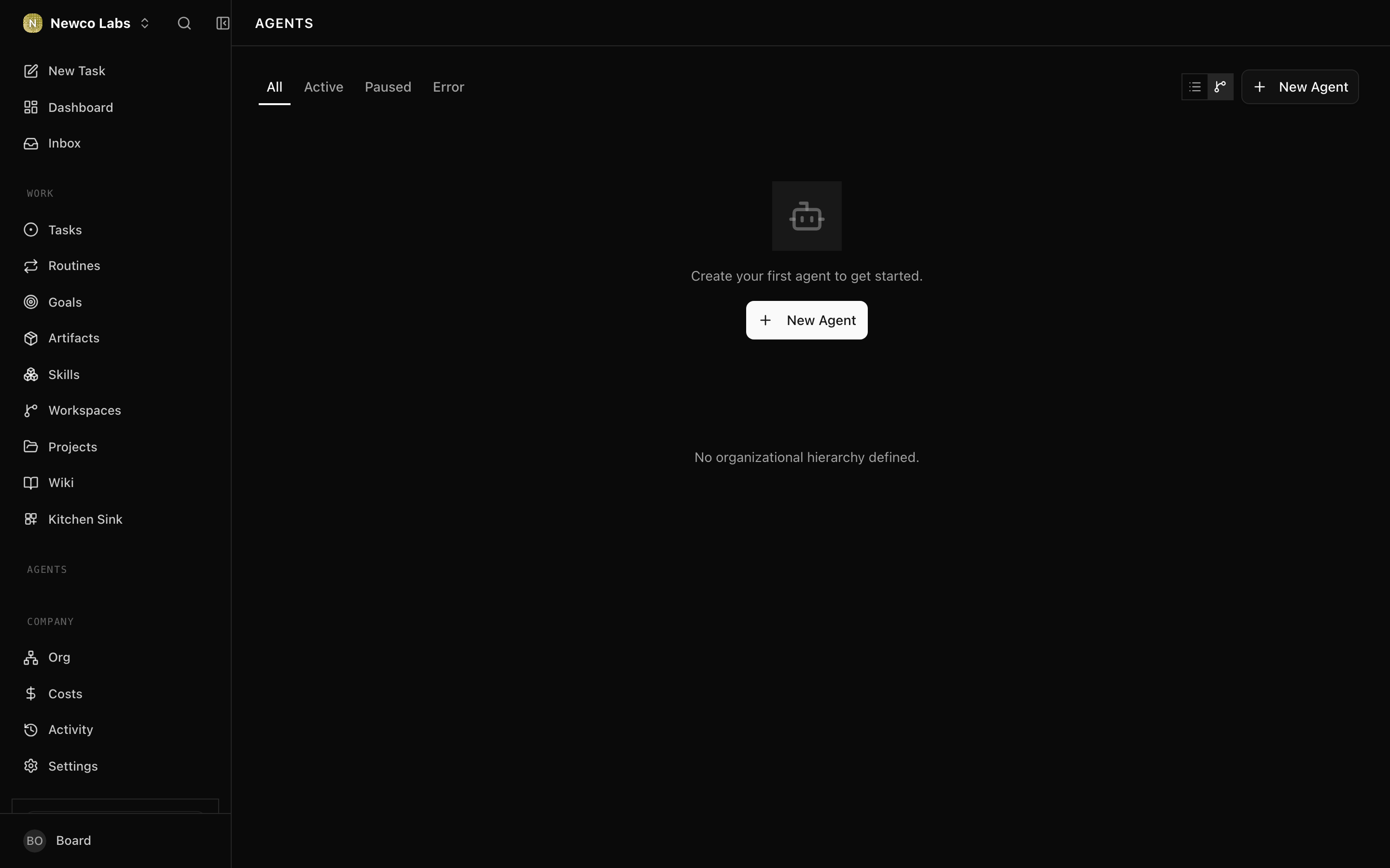 Agents list page showing the New Agent button