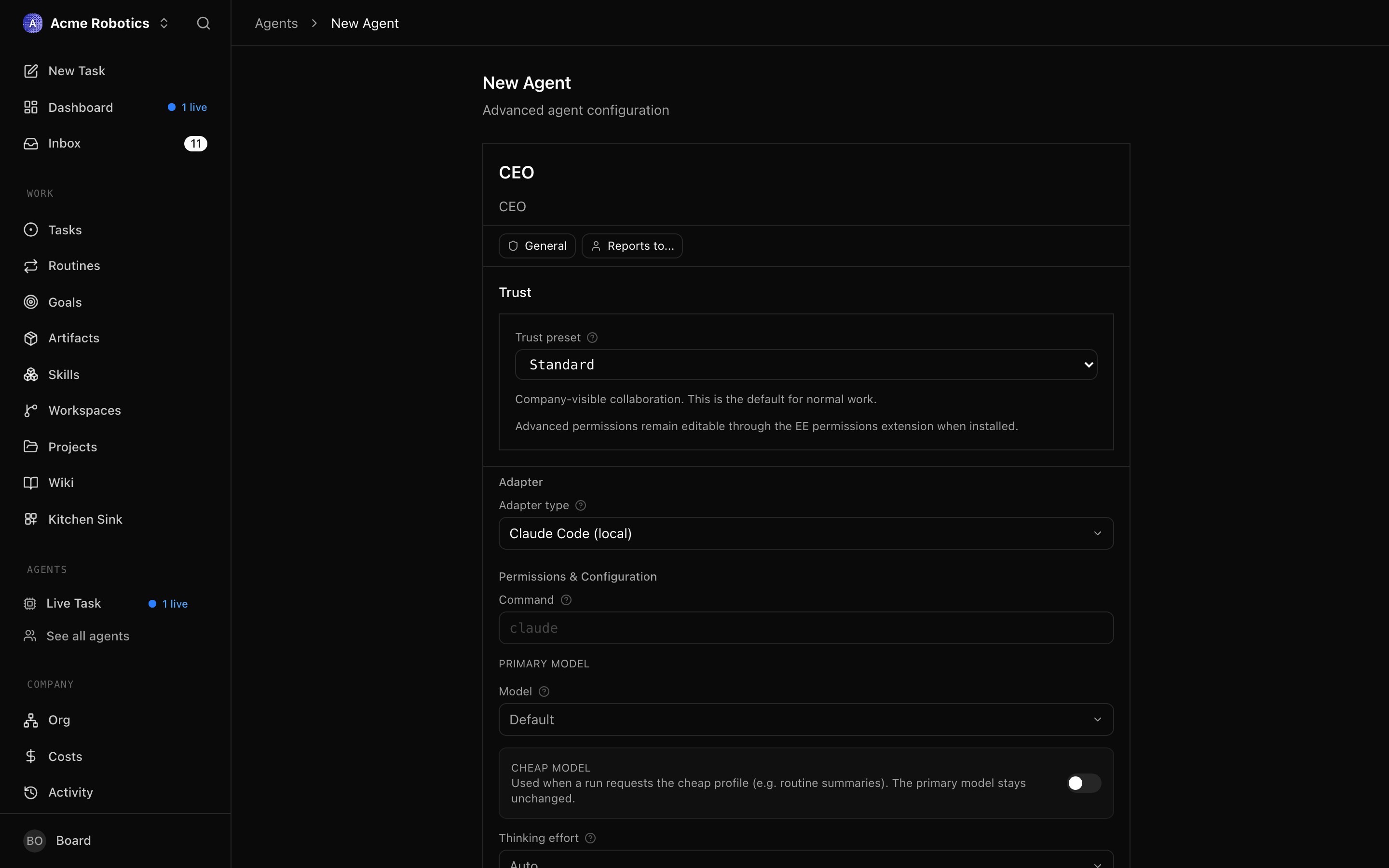 New agent form with name and role fields