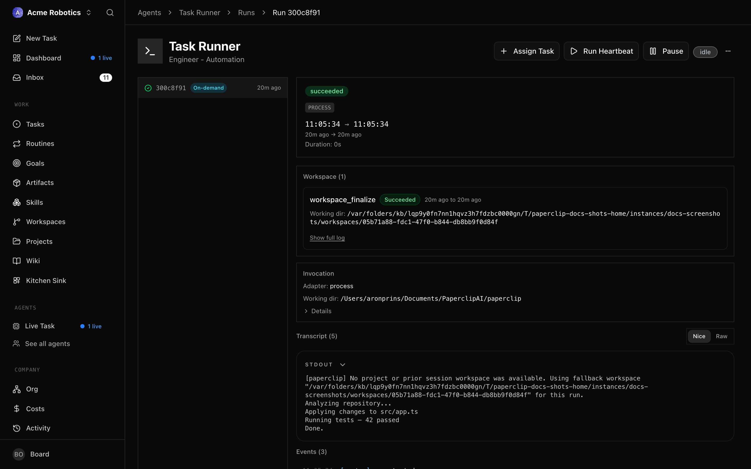 The run transcript view showing the full log of what the CEO did during a single heartbeat