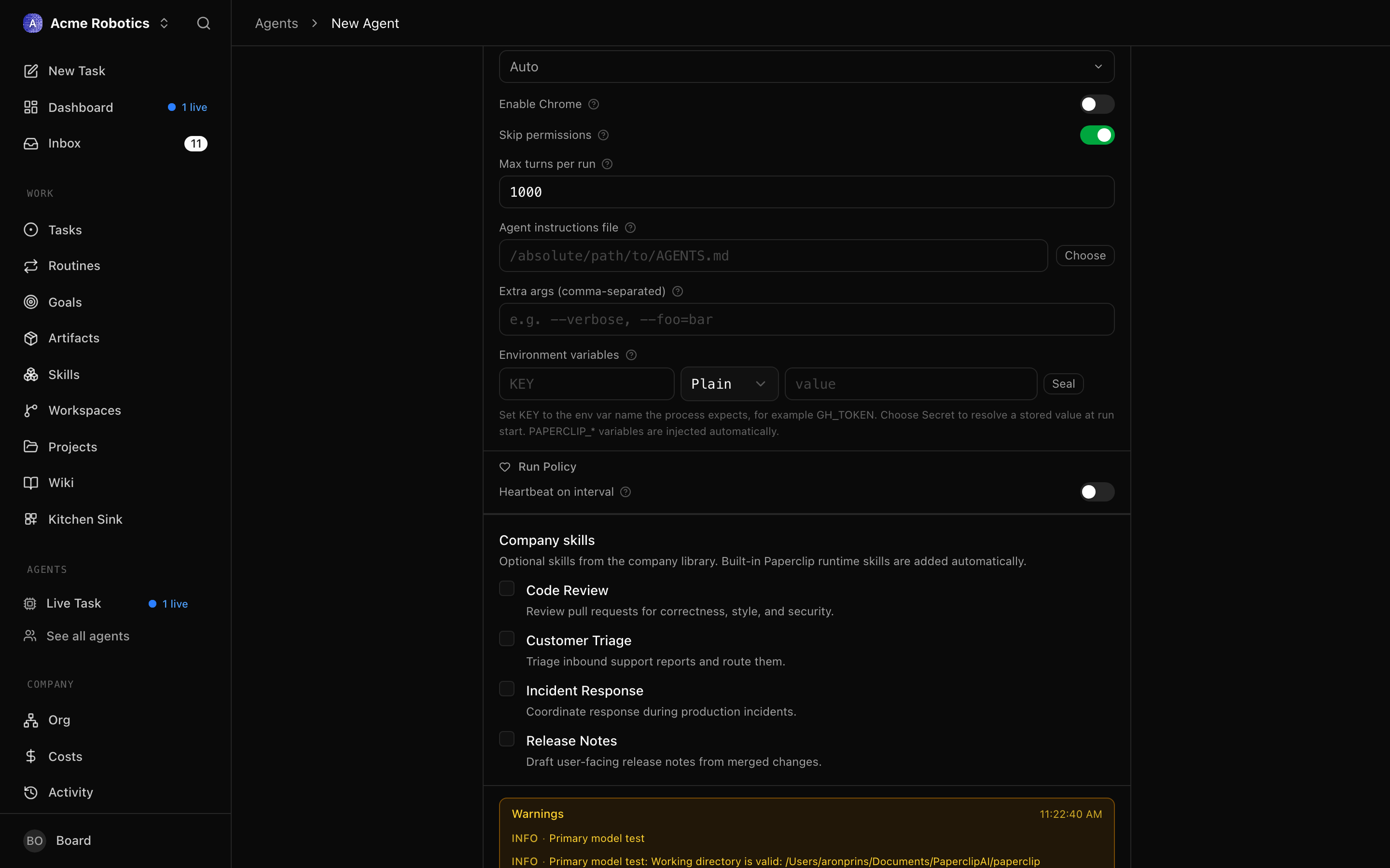 The test environment result showing a failure with an error message