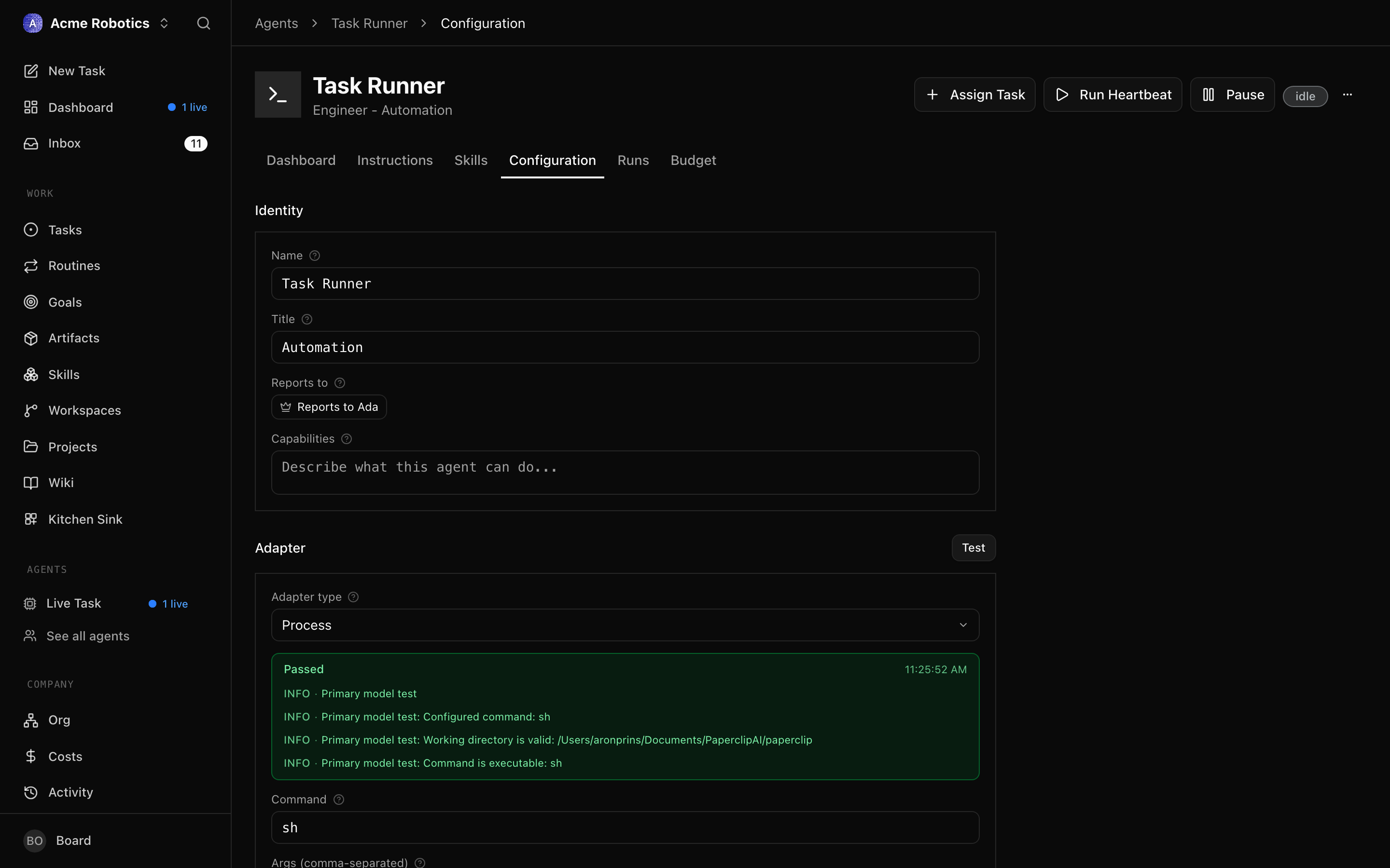 The test environment result showing a success state