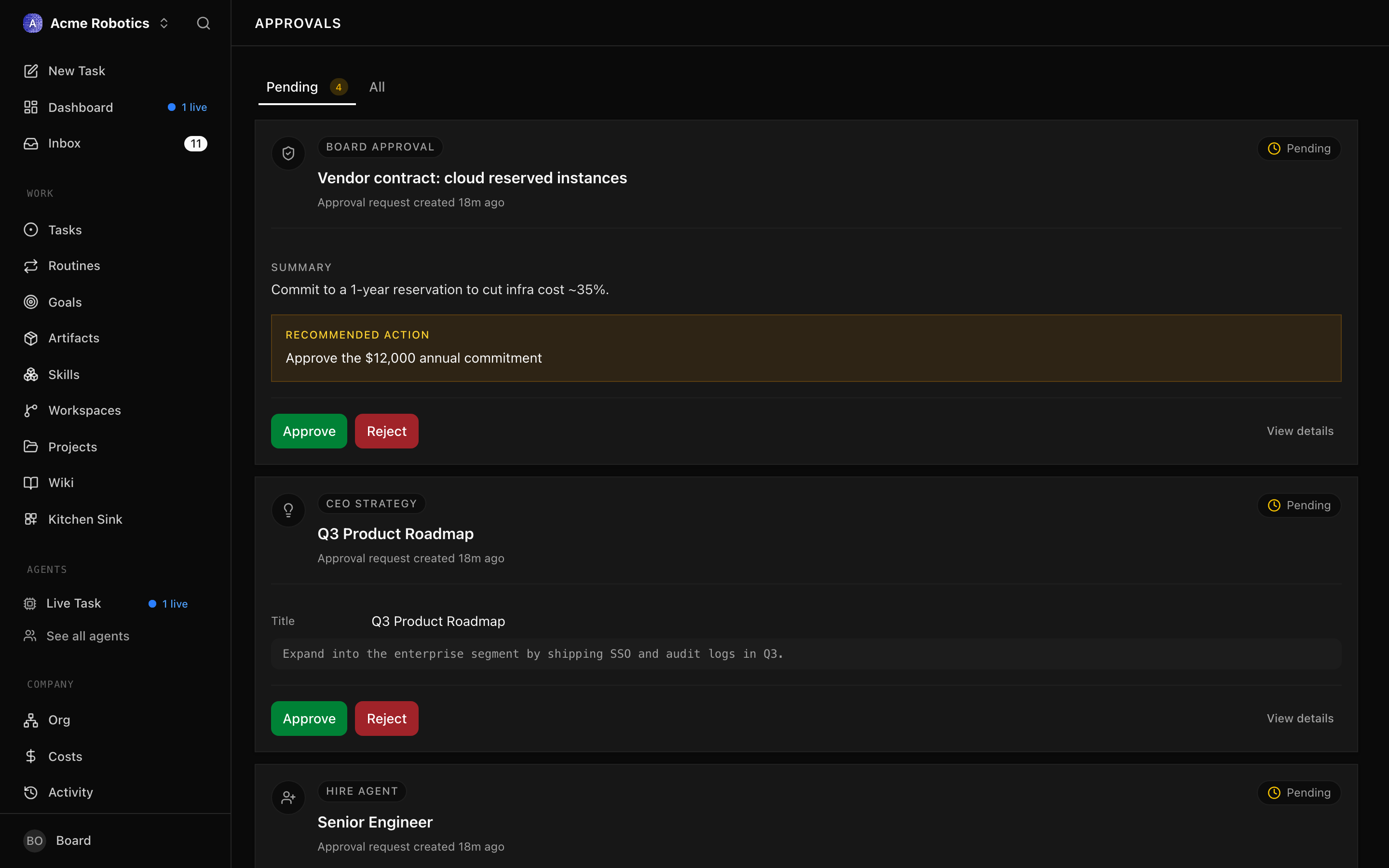 The approvals list showing pending strategy and hire_agent approvals