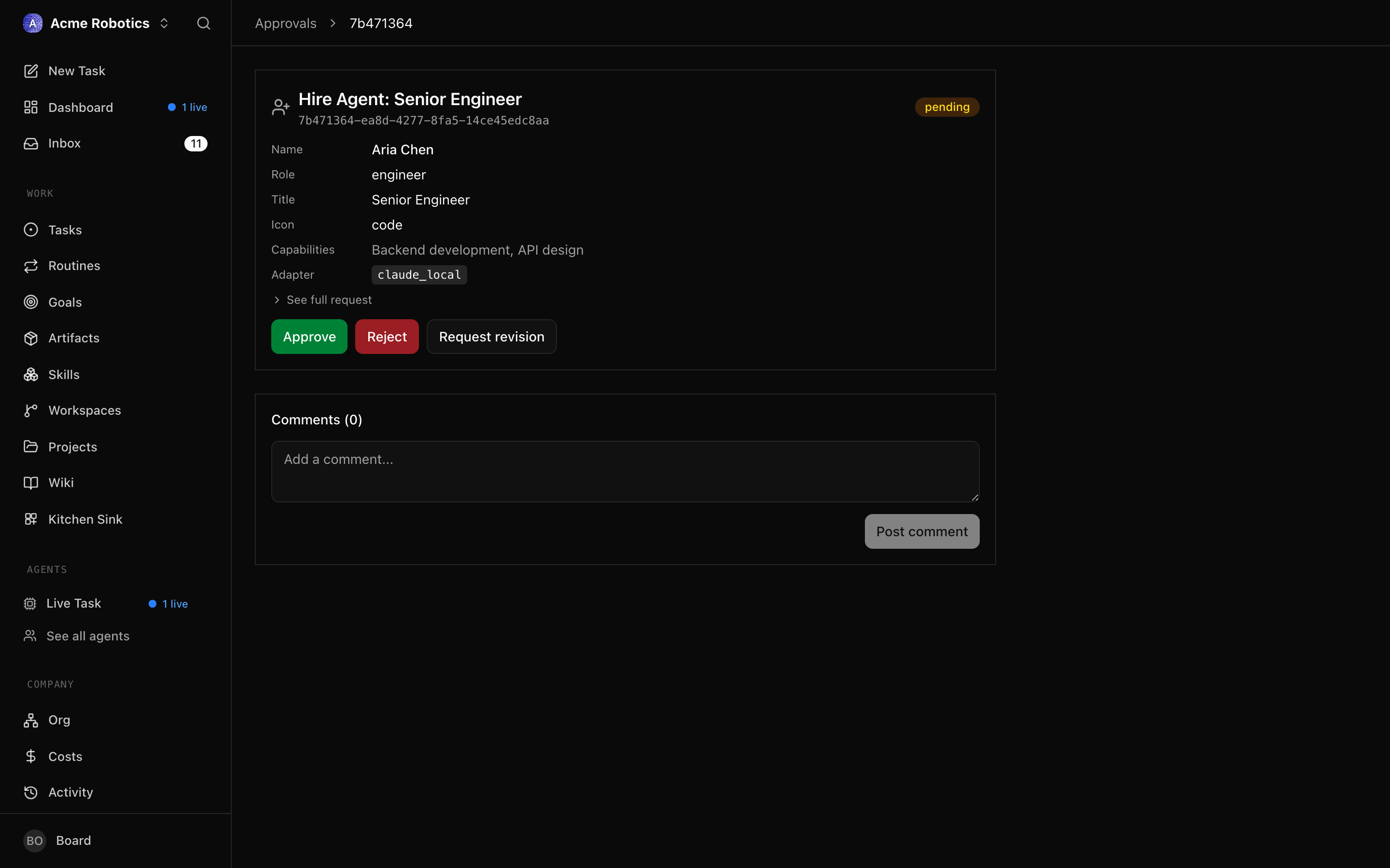 Approve, Reject, and Request Revision buttons at the bottom of an approval detail