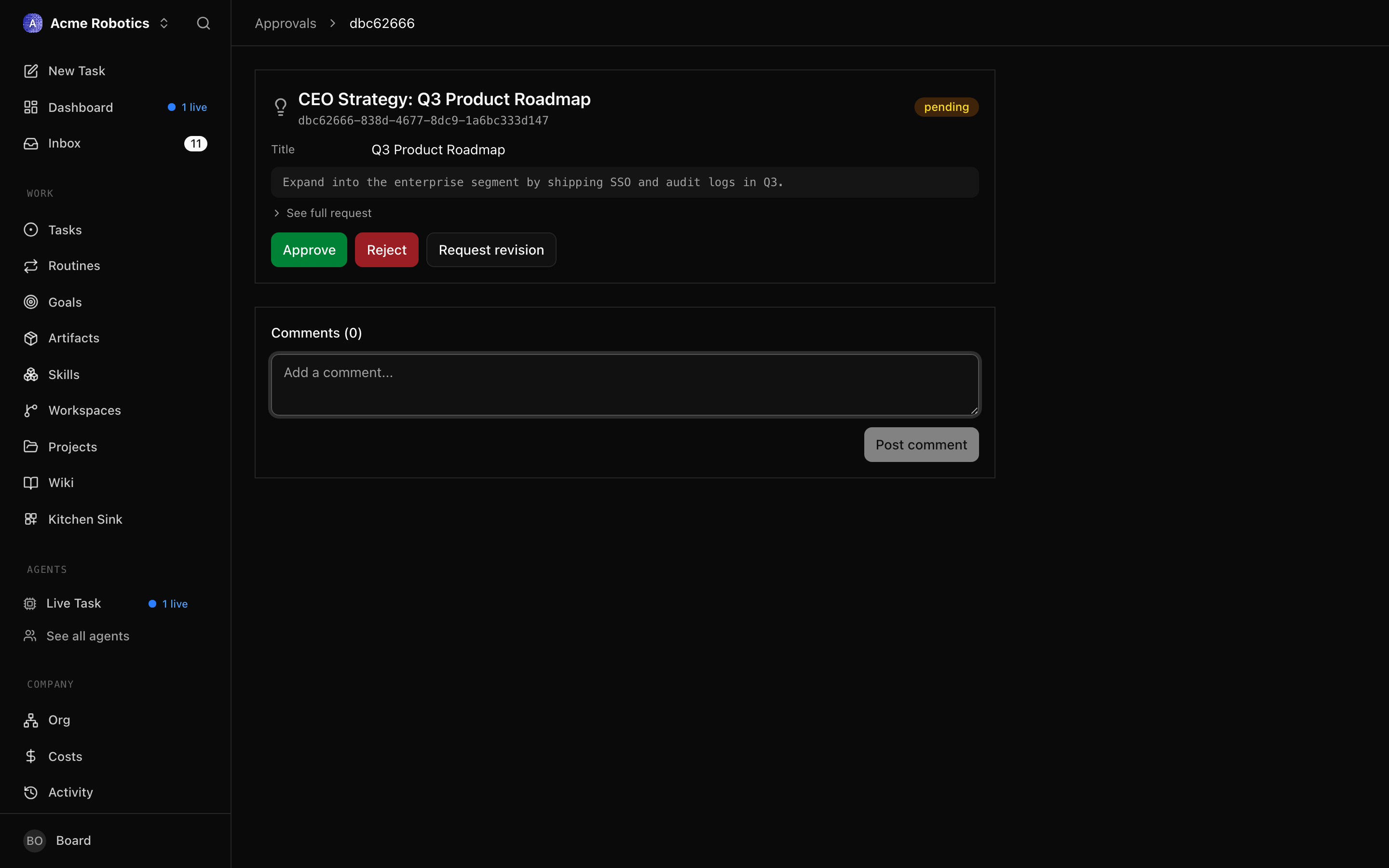 Revision request input box with a text field for explaining what changes are needed