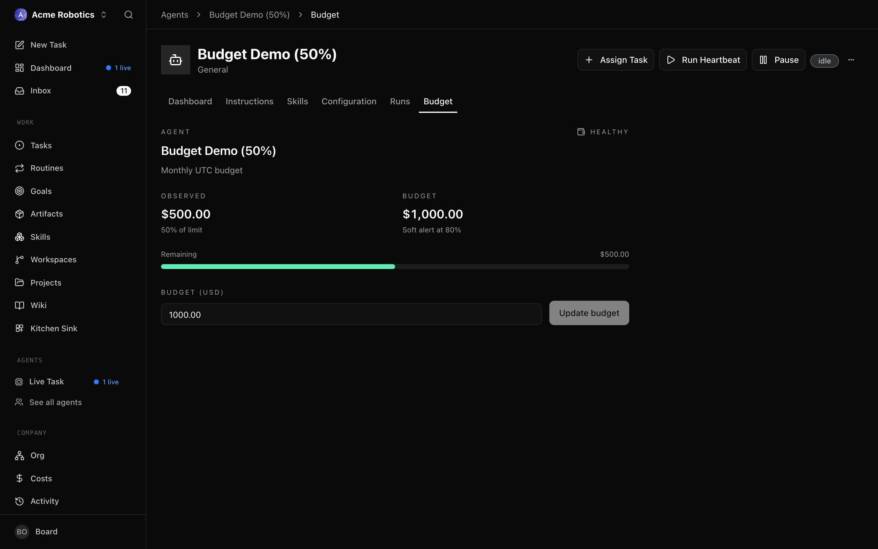 Agent budget bar at approximately 50% — green, no warning
