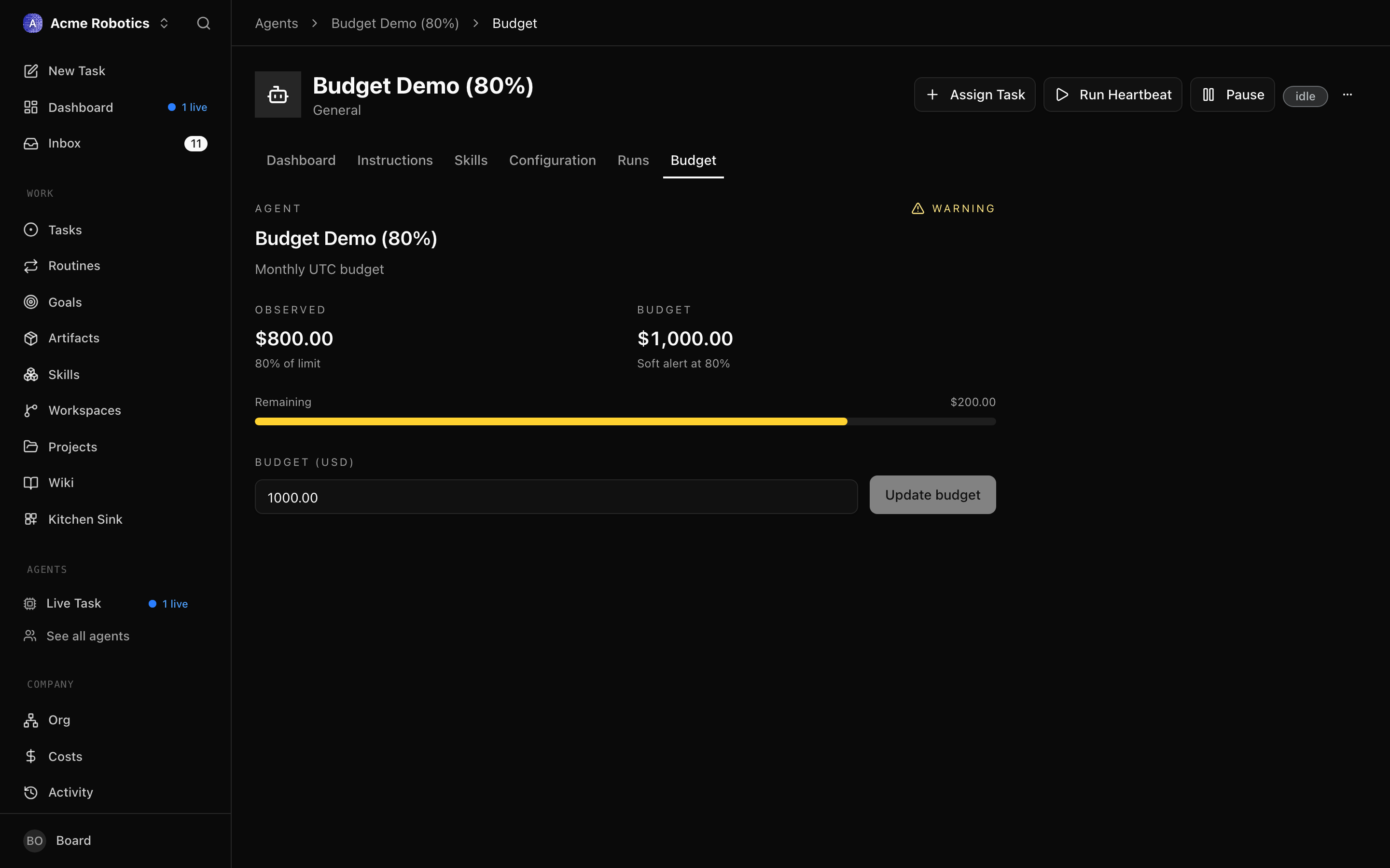 Agent budget bar at 80% — amber warning state