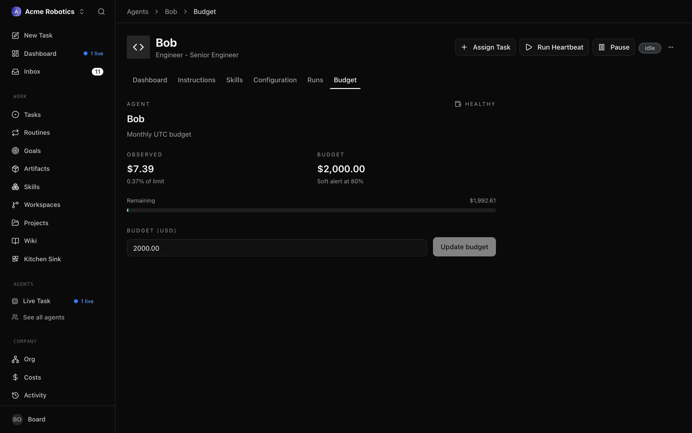 Agent budget field in the agent configuration panel