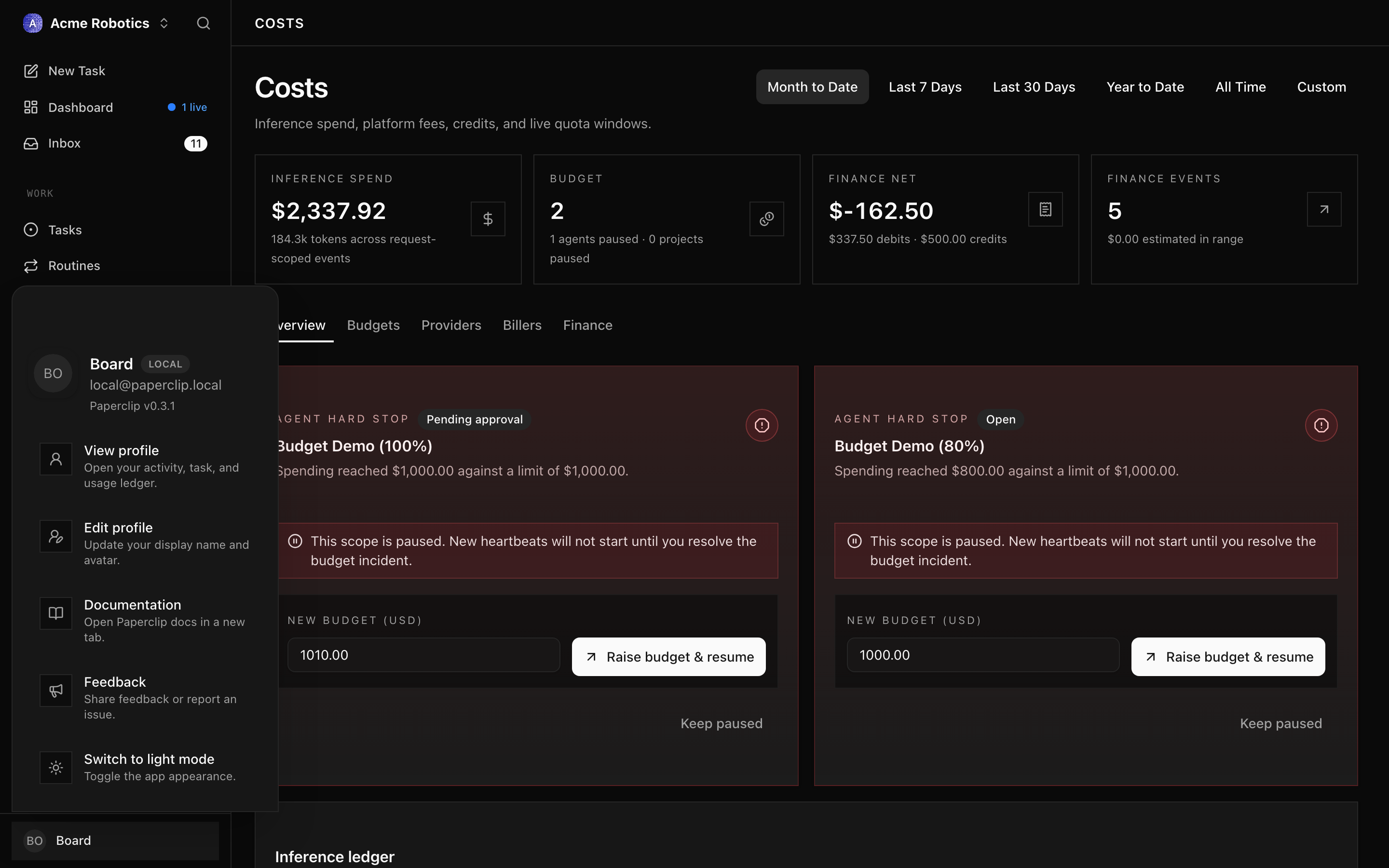 Per-run cost detail showing model, input tokens, output tokens, and dollar cost for each heartbeat