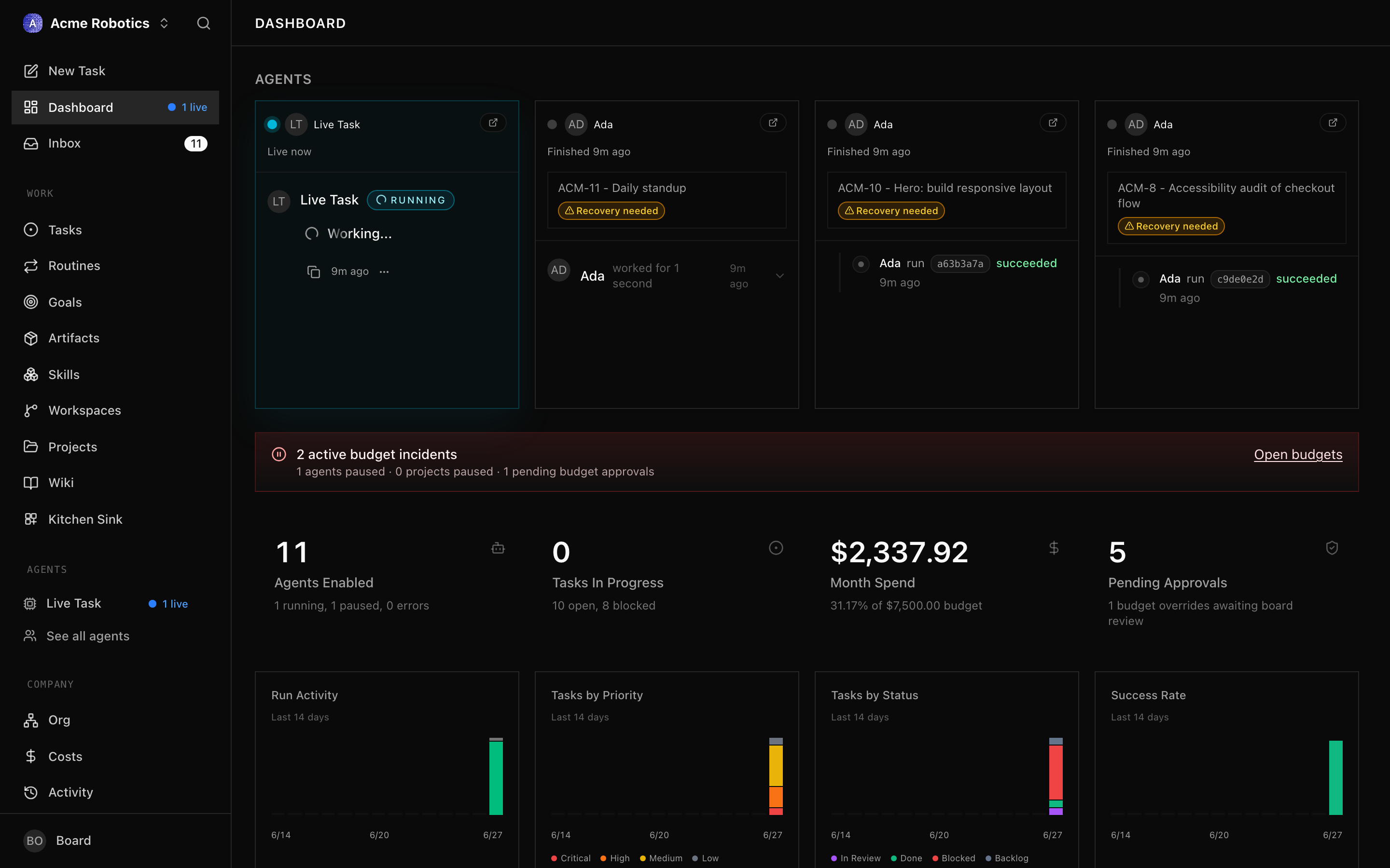 Recent Activity feed showing the latest events with timestamps, actors, and descriptions