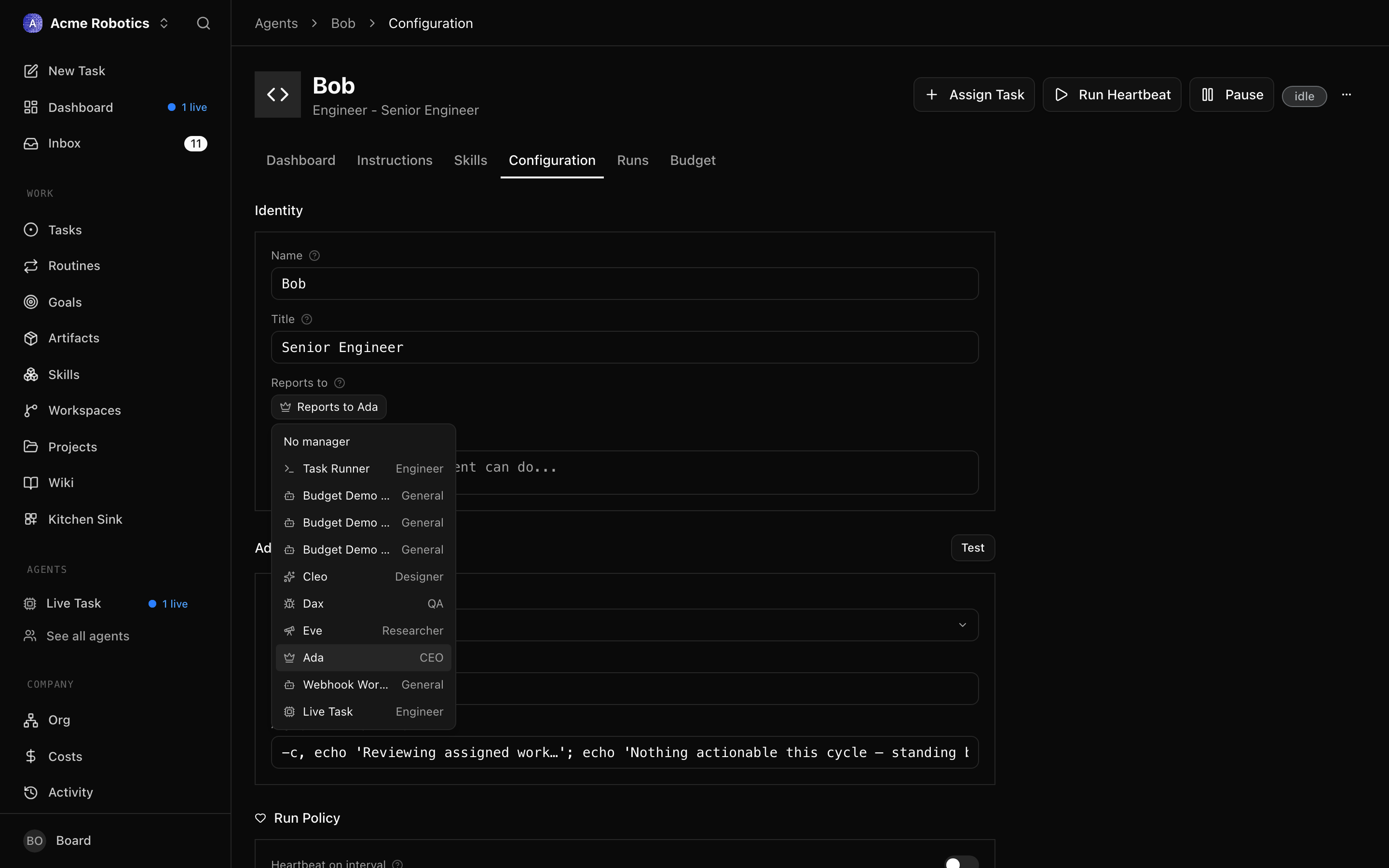 Agent configuration with the Reports to dropdown expanded, selecting a new manager