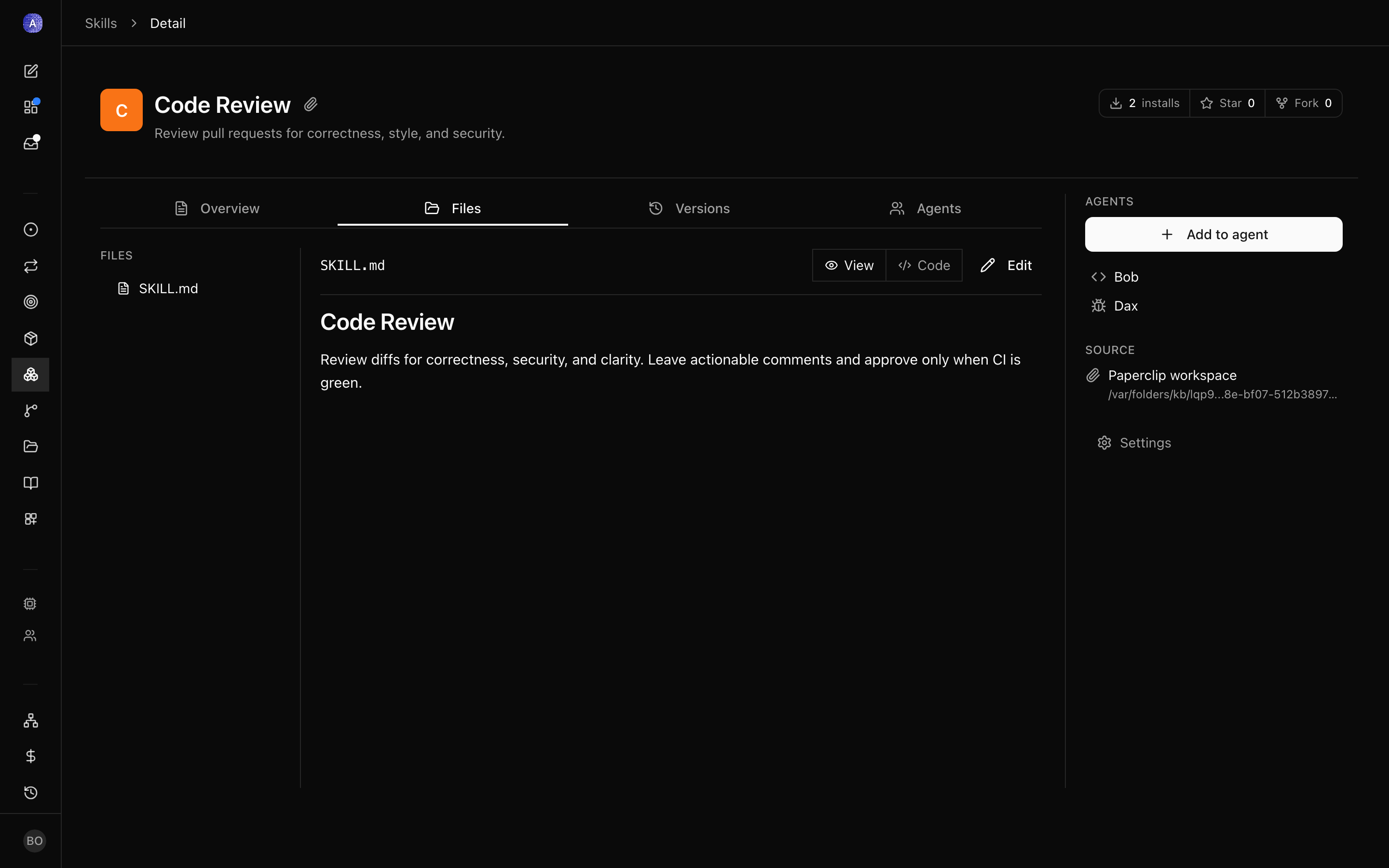 Agent Skills tab with required, optional, and unmanaged sections, plus a link to the company skill library