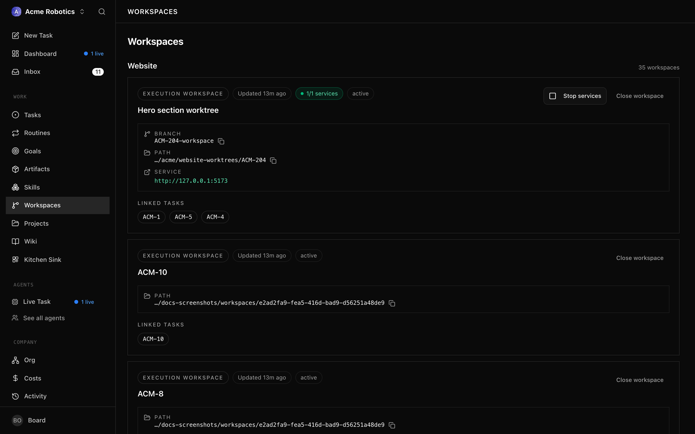 The company-wide Workspaces screen, grouped by project: the Website project's isolated execution workspace (with a running service and a linked task) above its primary "main" workspace