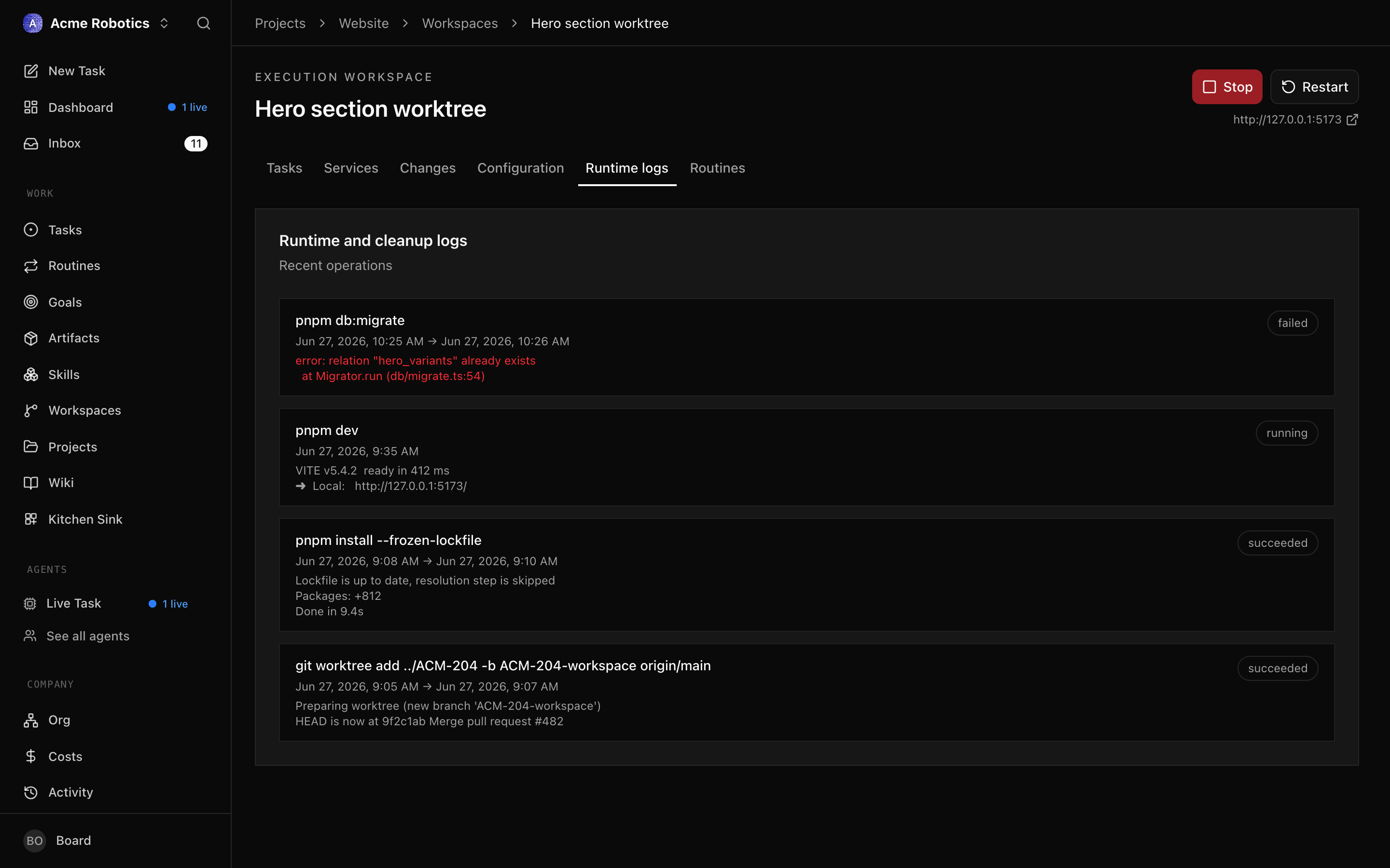 Runtime logs tab